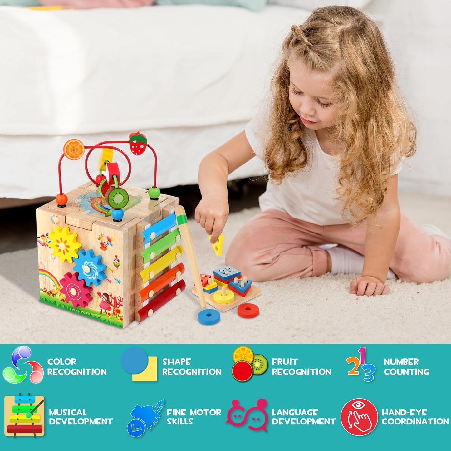 8-in-1 Houten Activiteitenkubus voor Peuters – Montessori Ontdekkubus met Xylofoon & Kralenframe