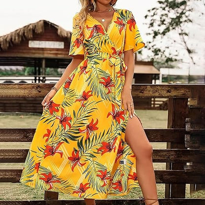 Vrouwelijke Jurk Hoge Taille met Ceintuur Tropisch Bloemenprint