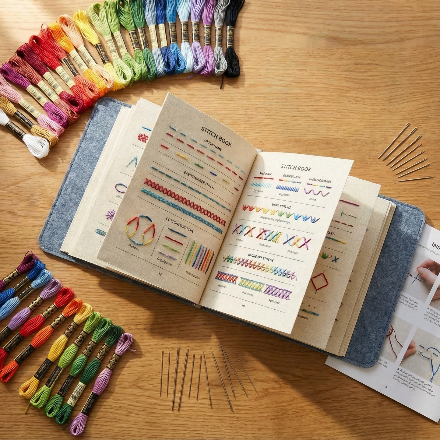 Complete Borduurstekenboek Kit – 106 Steken, Linnen Pagina's, Volledige Gereedschapsset – Handwerk Leren
