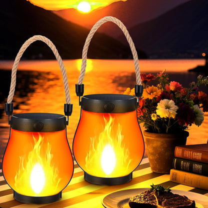 Solar Lantaarn met Vlameffect LED Verlichting Inclusief USB Oplaadoptie Weersbestendig Tuinverlichting Automatische Schemersensor Draadloos Buiten Terras Balkon