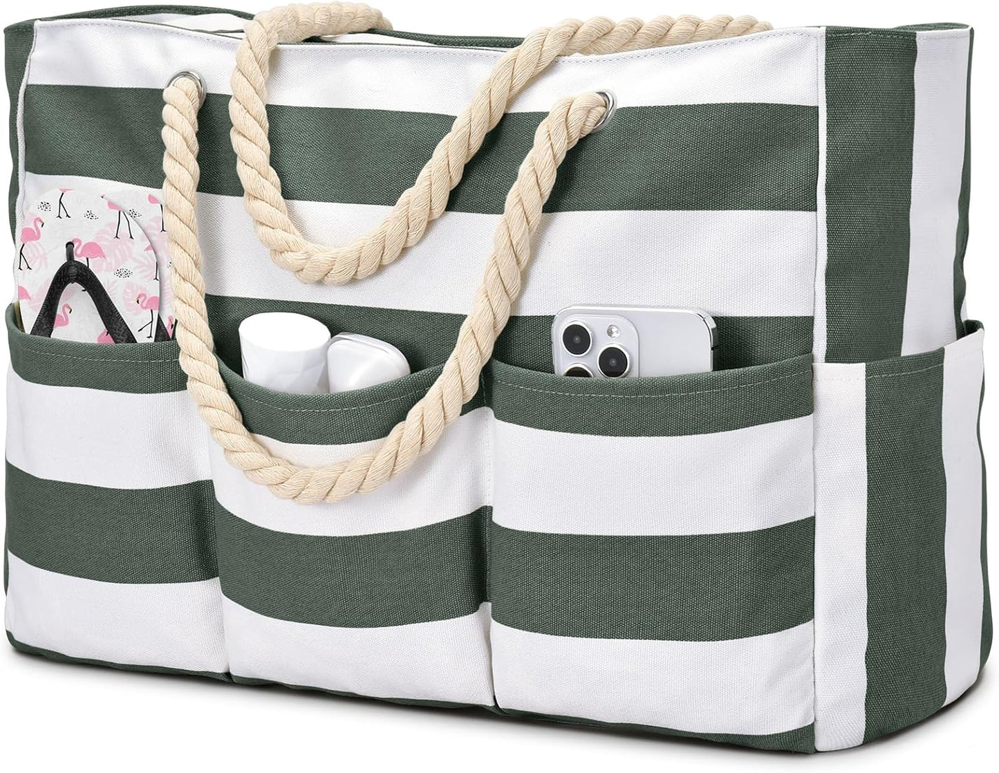Strandtas XXL Canvas met Rits Waterdicht 7 Vakken Zandvrij Zwembadtas Reistas Shopper Schoudertas voor Vakantie