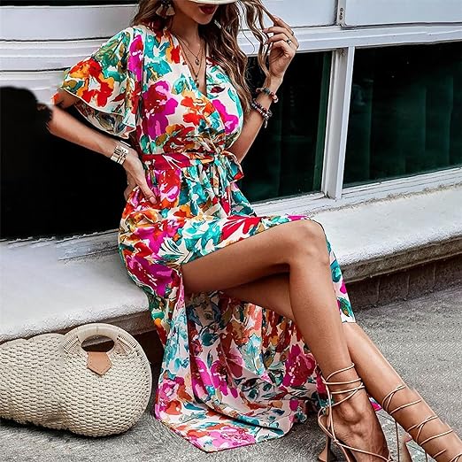 Vrouwelijke Jurk Hoge Taille met Ceintuur Tropisch Bloemenprint