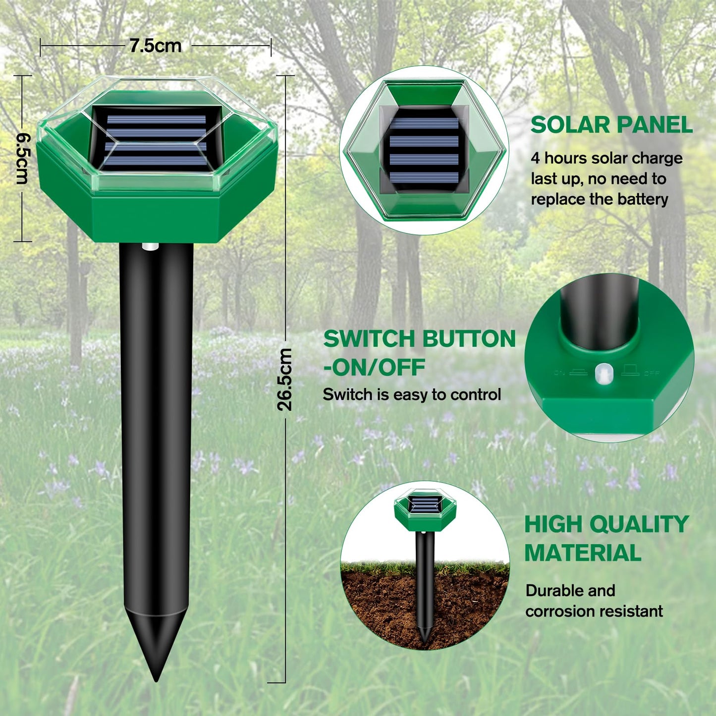 Ultrasone Mollenverjager op Zonne-Energie Set van 4 voor Tuin en Gazon | Beschermt tot 465m² per Stuk | Waterdicht IP65 | Diervriendelijk zonder Gif of Vallen