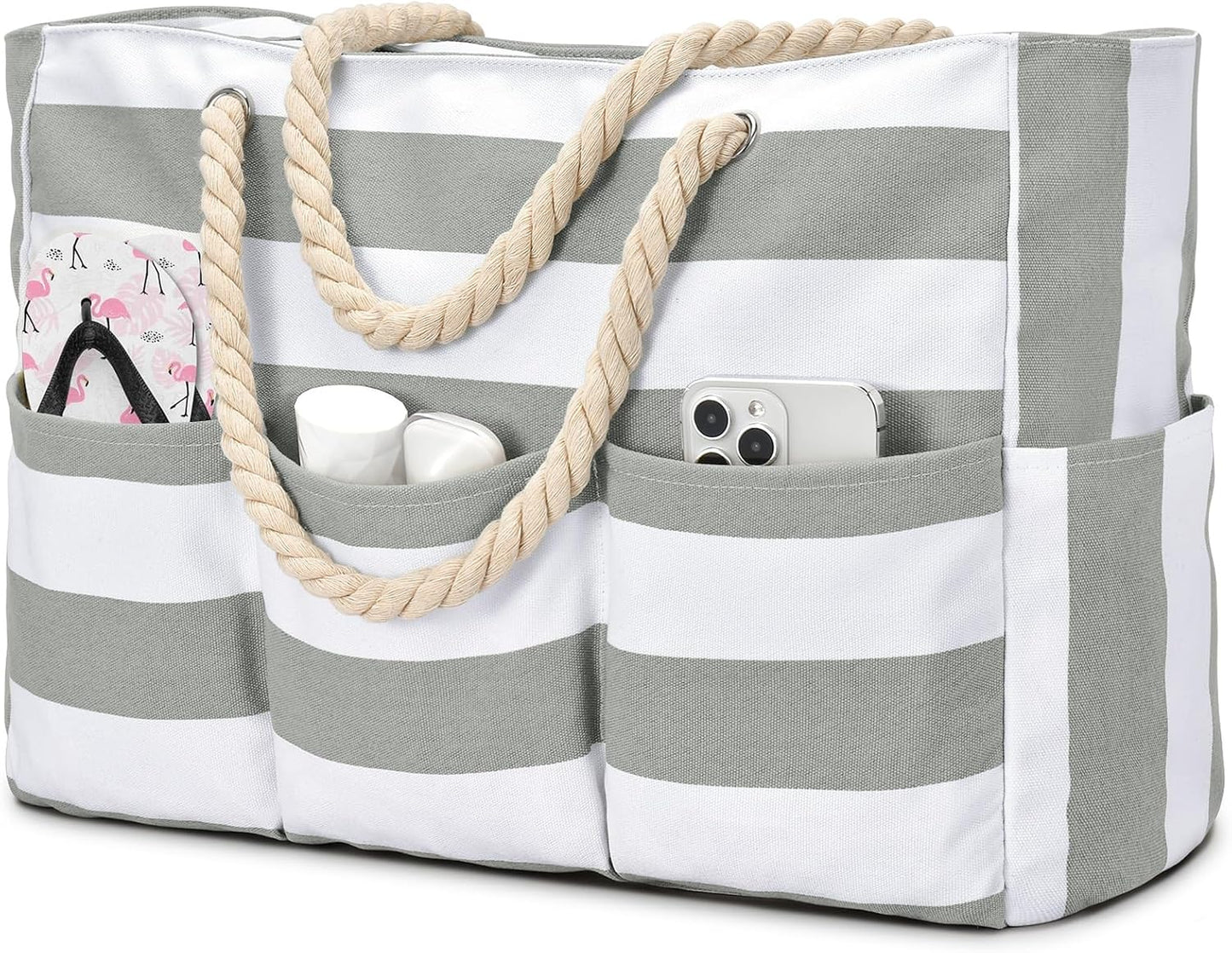 Strandtas XXL Canvas met Rits Waterdicht 7 Vakken Zandvrij Zwembadtas Reistas Shopper Schoudertas voor Vakantie