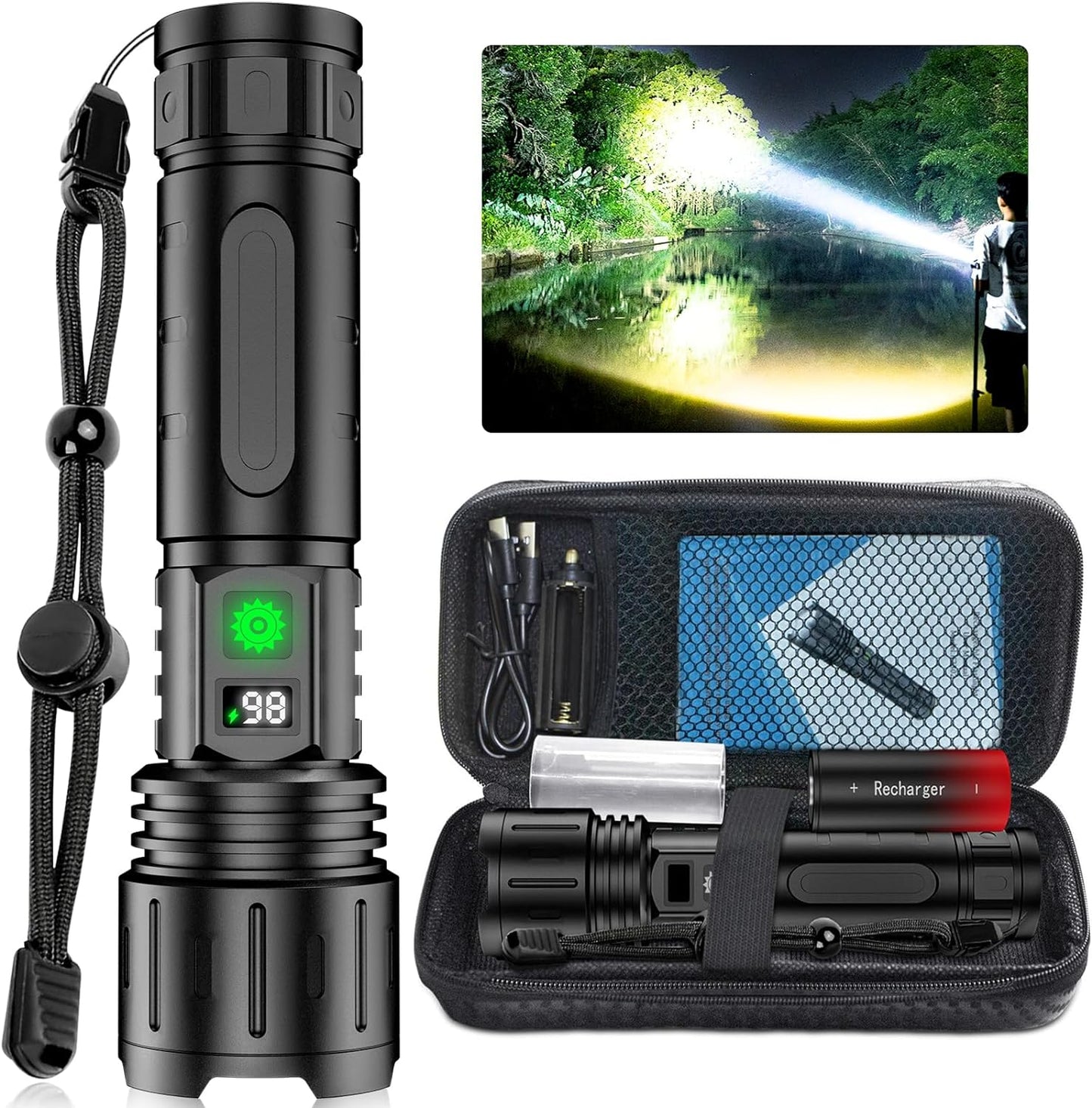 Professionele Oplaadbare LED Zaklamp 100.000 Lumen Tactisch USB-C Waterdicht 1000m Bereik Outdoor Camping