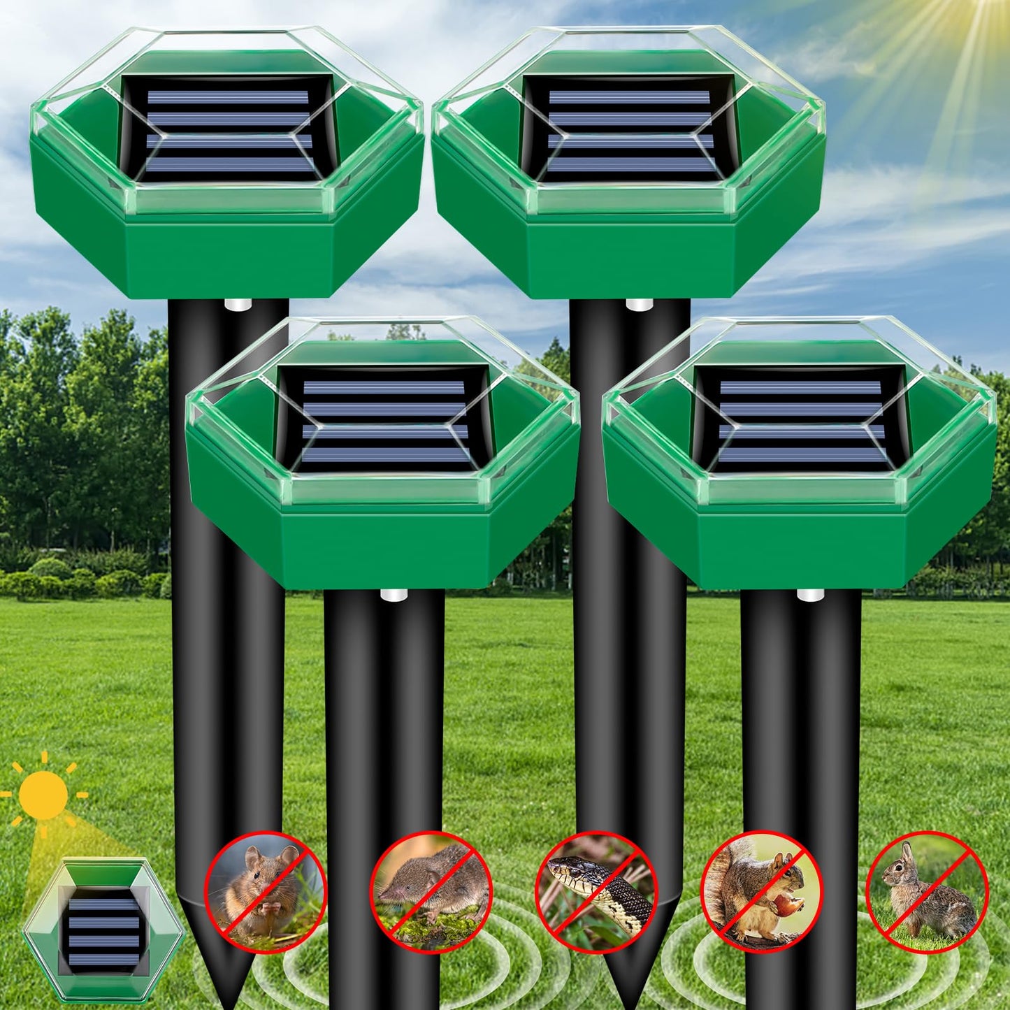 Ultrasone Mollenverjager op Zonne-Energie Set van 4 voor Tuin en Gazon | Beschermt tot 465m² per Stuk | Waterdicht IP65 | Diervriendelijk zonder Gif of Vallen