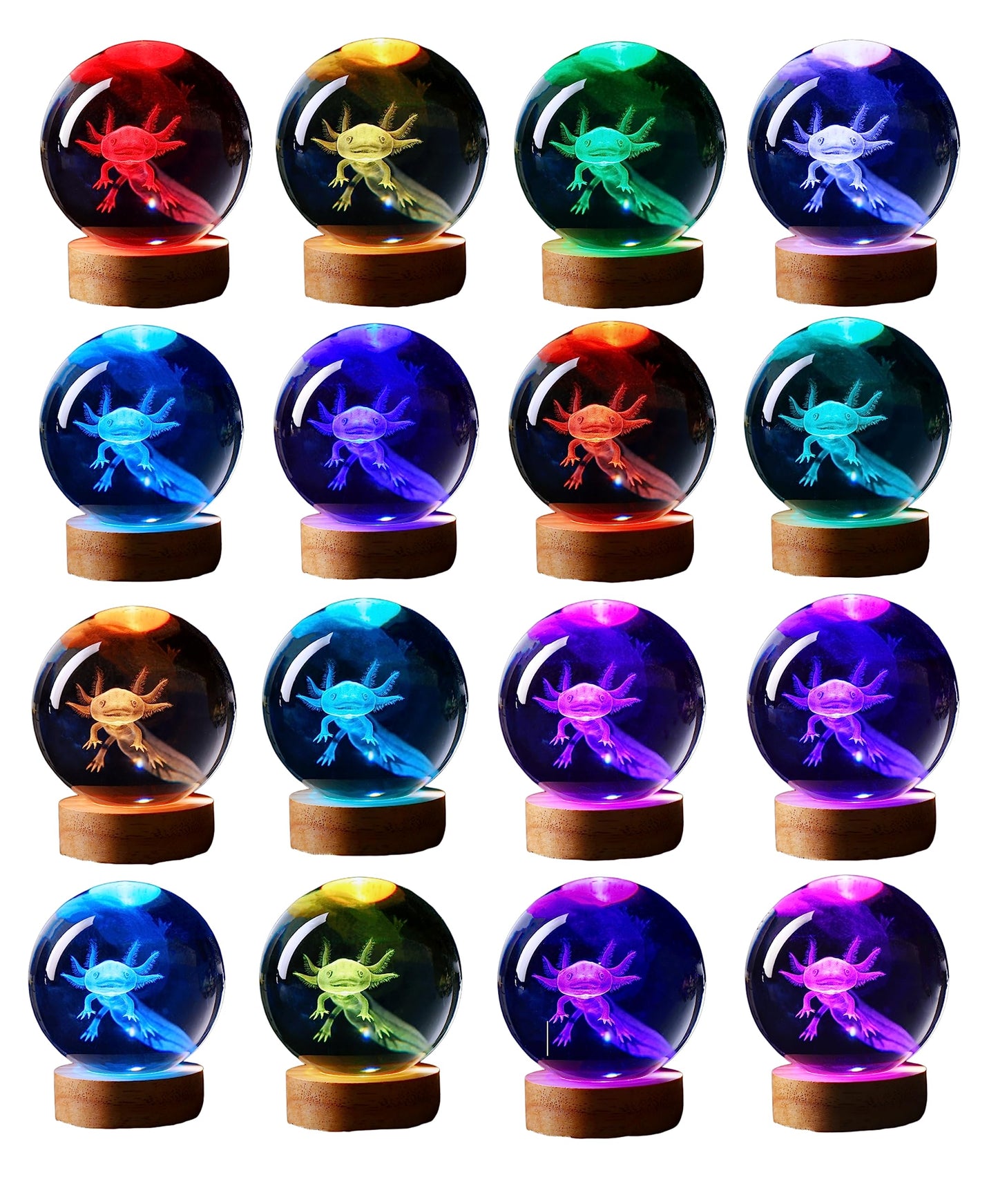 3D Kristal Axolotl Sfeer Lamp met Houten Basis - 16 Kleuren Lichtmodus - Ø8cm Kristallen Bol met LED Verlichting