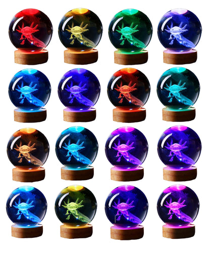 3D Kristal Axolotl Sfeer Lamp met Houten Basis - 16 Kleuren Lichtmodus - Ø8cm Kristallen Bol met LED Verlichting