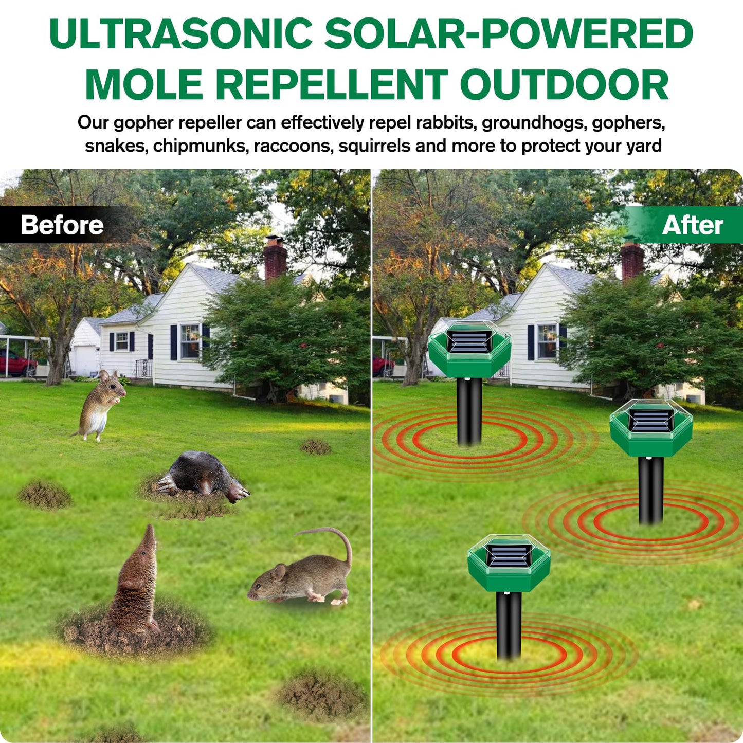 Ultrasone Mollenverjager op Zonne-Energie Set van 4 voor Tuin en Gazon | Beschermt tot 465m² per Stuk | Waterdicht IP65 | Diervriendelijk zonder Gif of Vallen