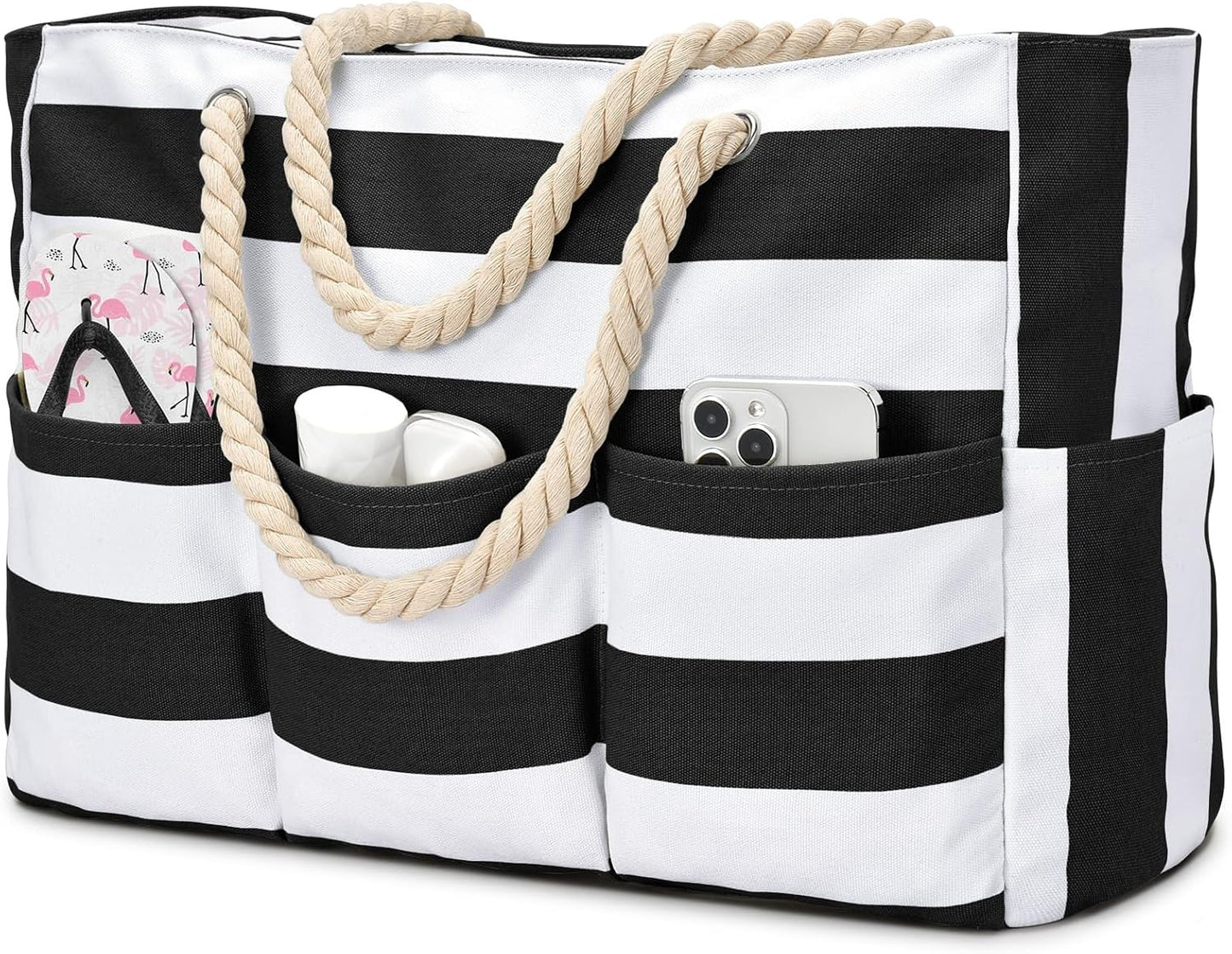 Strandtas XXL Canvas met Rits Waterdicht 7 Vakken Zandvrij Zwembadtas Reistas Shopper Schoudertas voor Vakantie