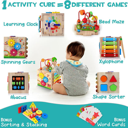 8-in-1 Houten Activiteitenkubus voor Peuters – Montessori Ontdekkubus met Xylofoon & Kralenframe
