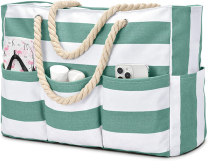 Strandtas XXL Canvas met Rits Waterdicht 7 Vakken Zandvrij Zwembadtas Reistas Shopper Schoudertas voor Vakantie
