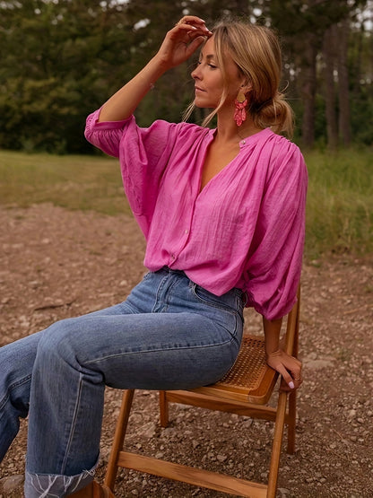 Dames tuniekblouse met v-hals en lange mouwen