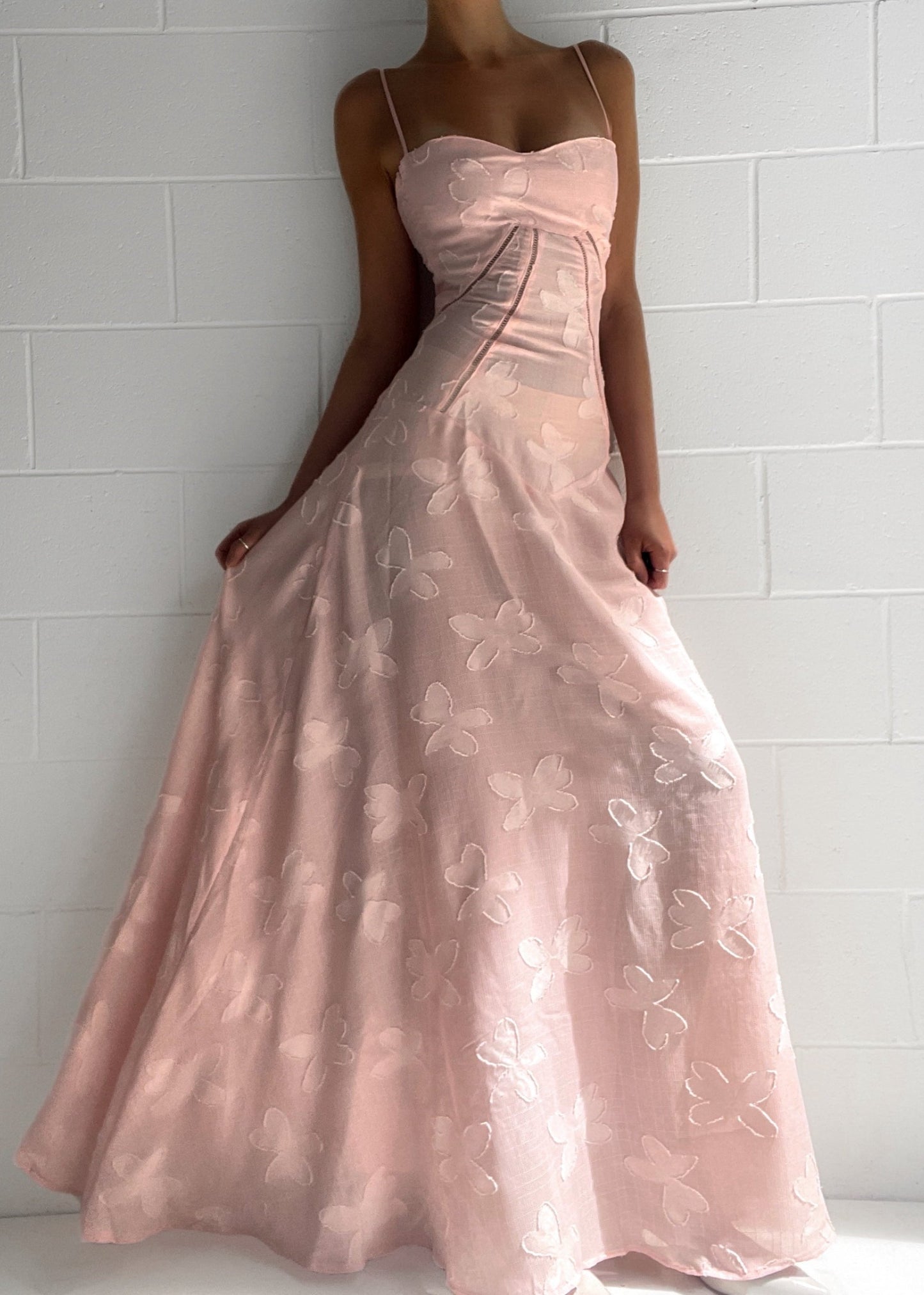 Roze Maxi Jurk met Corset Sluiting en Jacquard Patronen