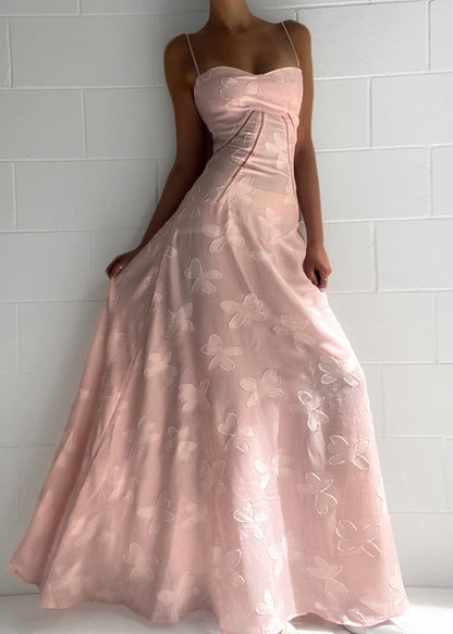 Roze Maxi Jurk met Corset Sluiting en Jacquard Patronen