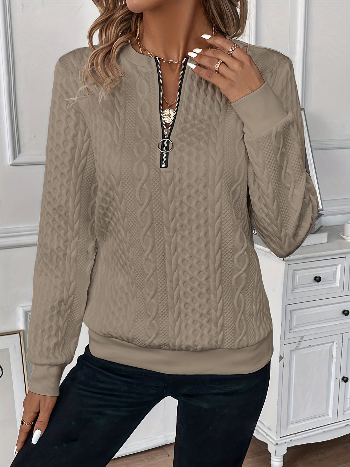 Dames Sweater Top met Rits en Kabel Brei Patroon