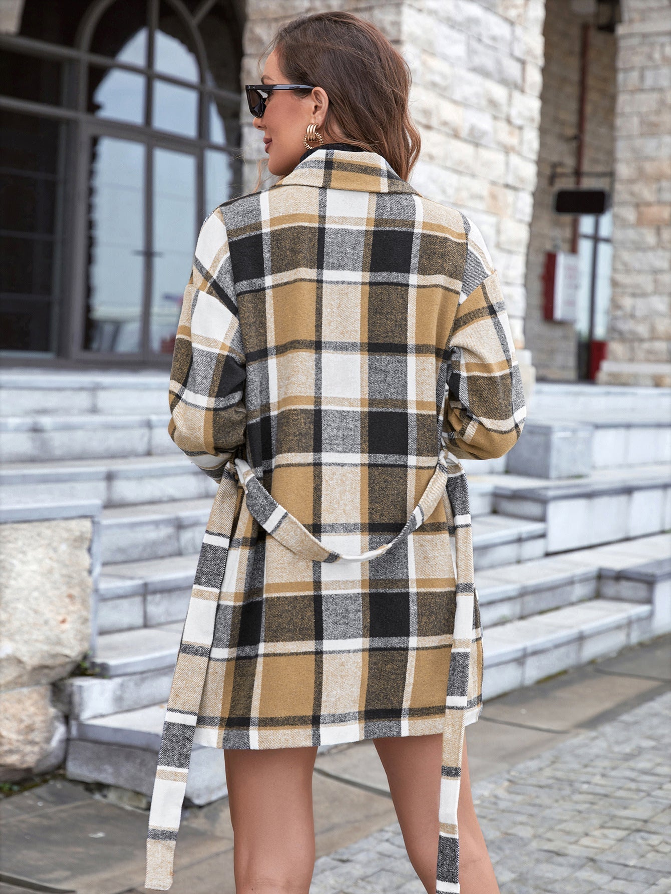 Dames Jas Geruit met Ceintuur Trendy Stijl