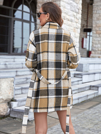 Dames Jas Geruit met Ceintuur Trendy Stijl