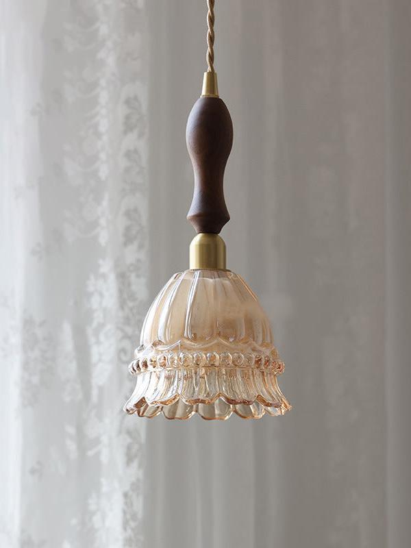Franse Landelijke Hanglamp Glazen Kap Kwallen Design Transparant of Amber met Walnoot Greep Sfeerverlichting Eetkamer Elegante Plafondlamp