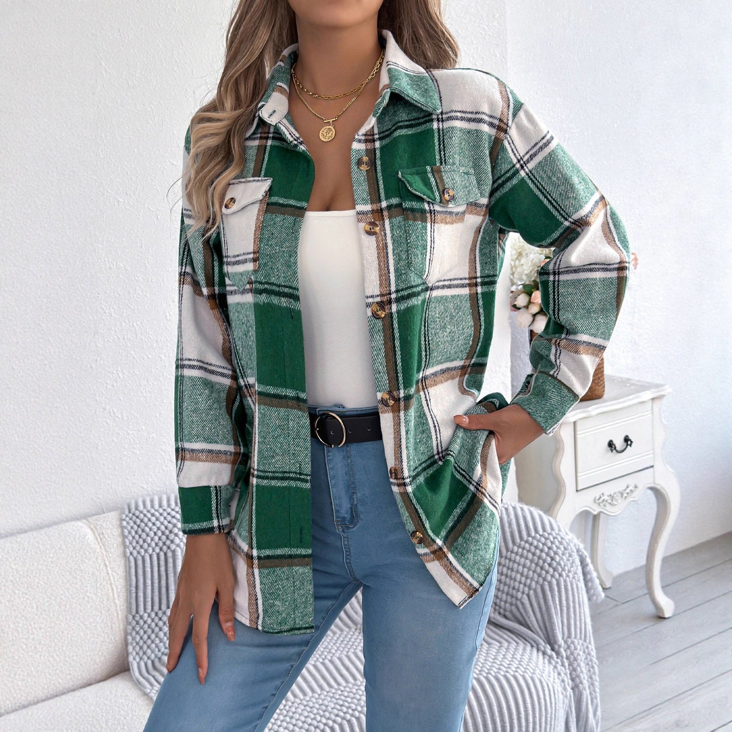 Dames Overshirt Geruit met Zakken en Knopen Casual Kleding