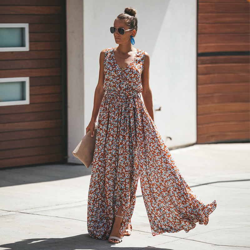 Mouwloze Maxijurk Zomer Bloemenprint Elegant Jurk