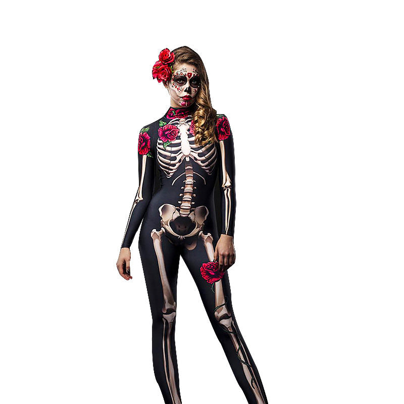 Dames Halloween Kostuum Catsuit Skelet met Rozen