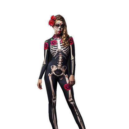 Dames Halloween Kostuum Catsuit Skelet met Rozen