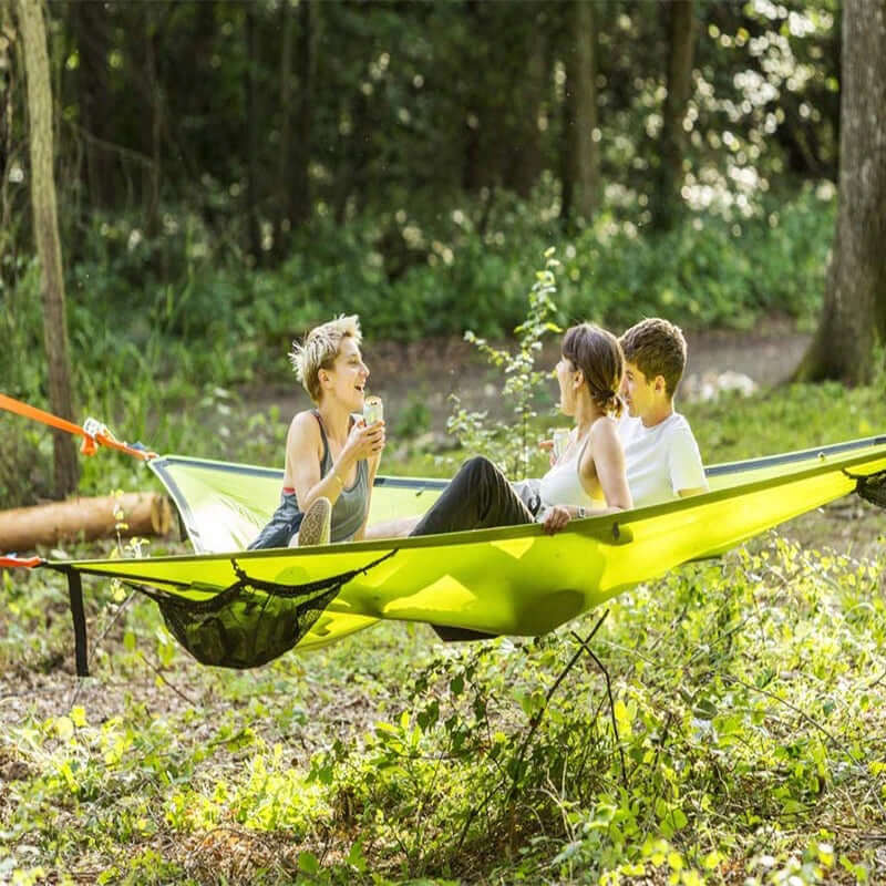 Driehoekige Hangende Camping Relaxmat voor Meerdere Personen – Luchtbed voor 3 Punten met Bevestigingsset 280x280 of 400x400 cm Groen Zwart
