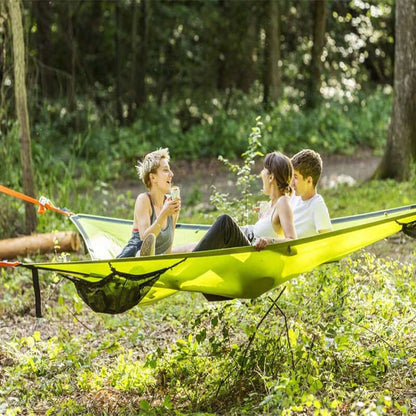 Driehoekige Hangende Camping Relaxmat voor Meerdere Personen – Luchtbed voor 3 Punten met Bevestigingsset 280x280 of 400x400 cm Groen Zwart