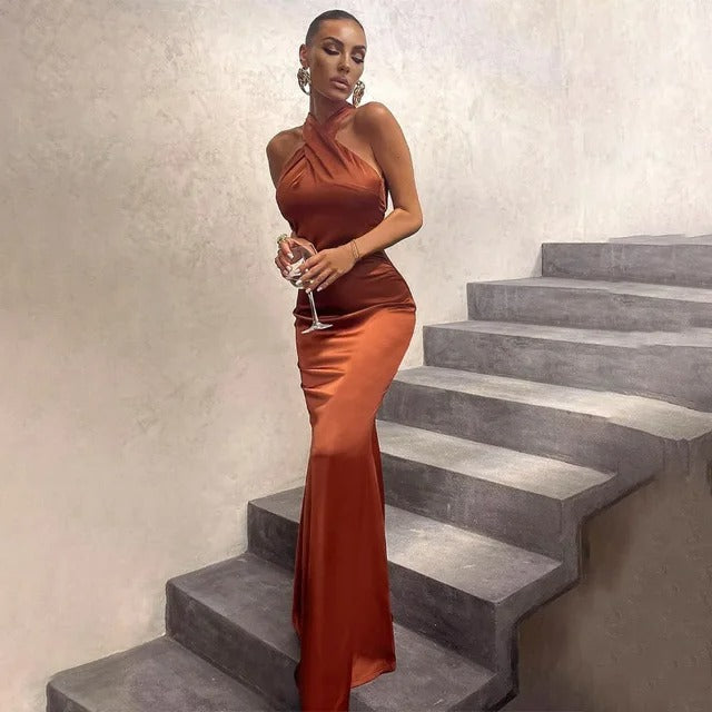 Satijnen Maxi Jurk Kruishalter Elegant Jurk voor Vrouw - StudioMarella