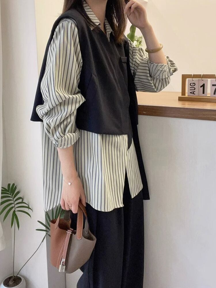 Bloes Gestreept Patchwork Stijlvol Dame Blouse