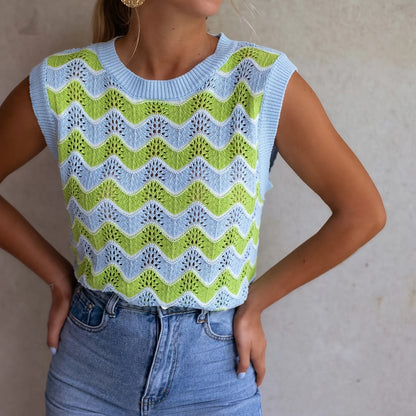 Dames Mouwloos Kabelgebreid Vest Met Contrasterende Halslijn