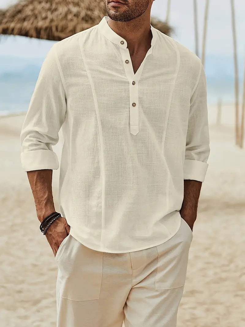 Strandshirt Lichtblauw Relaxed Fit met Staande Kraag