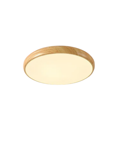 Ronde houten plafondlamp met warm diffuus licht voor serene woonruimtes