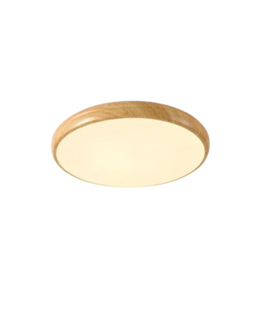 Ronde houten plafondlamp met warm diffuus licht voor serene woonruimtes