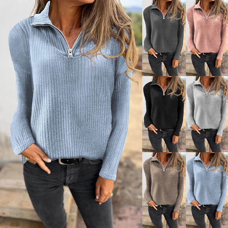 Dames Trui met Halve Rits en Ribbelstructuur Elegante Basislook → Dames Trui Halve Rits Ribbelstructuur Elegante Basislook