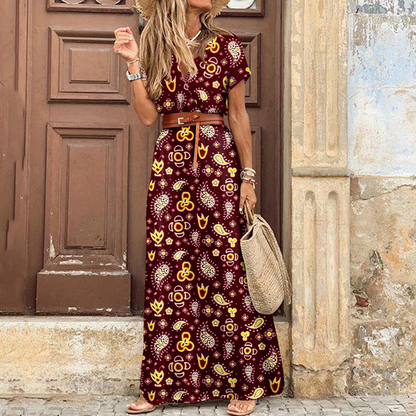 Vrouwen Maxi Jurk Zomer Boho Stijl V-hals Korte Mouwen