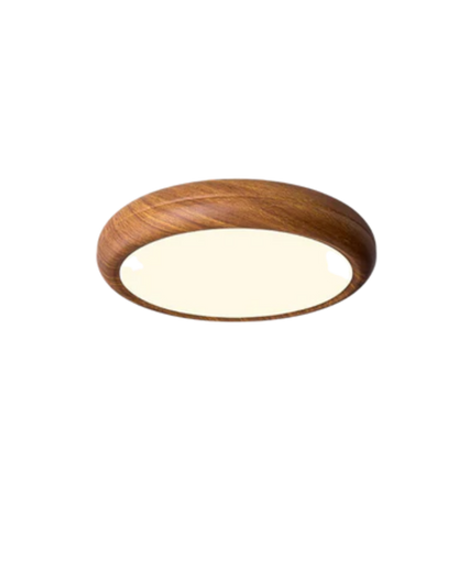 Ronde houten plafondlamp met warm diffuus licht voor serene woonruimtes