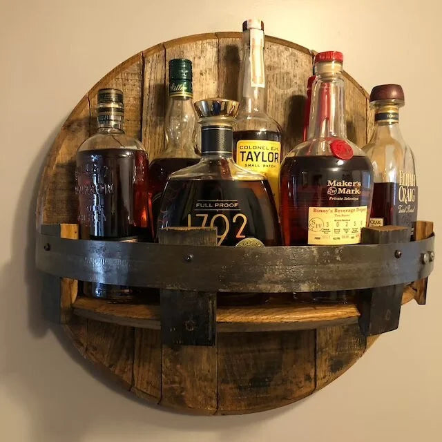 Drankendisplay Hout Rond Wandrek 4 Flessen Bruin Wandplank Bar Keuken Flessenhouder Rustiek Industrieel Interieur