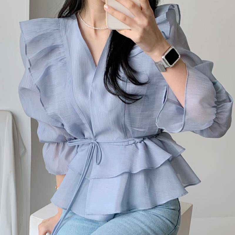 Dames Blouse Rood met Strikceintuur en Overslag