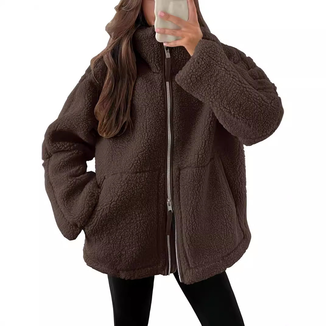 Dames Fleece Jas Warm met Hoge Kraag en Zakken Zwart