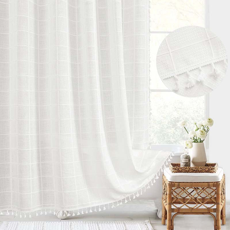 Douchegordijn Linnen Bohemian Waterproof Kwastjes 180x200cm Badkamer Beige Geruit