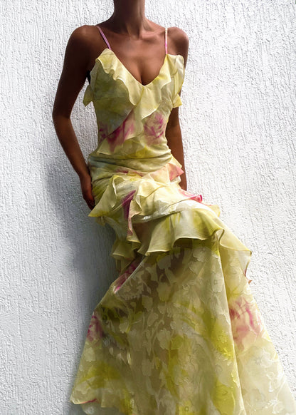 Gele Maxi Jurk Chiffon Ruches Zomerjurk Vrouwen
