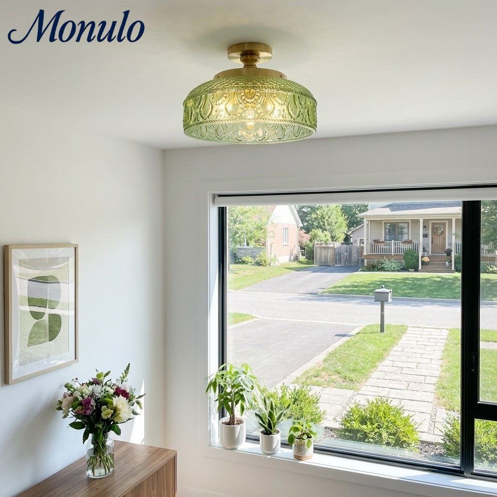 Geribbelde Glazen Plafondlamp met Metalen Armatuur – Minimalistische Verlichting voor Slaapkamer en Gang