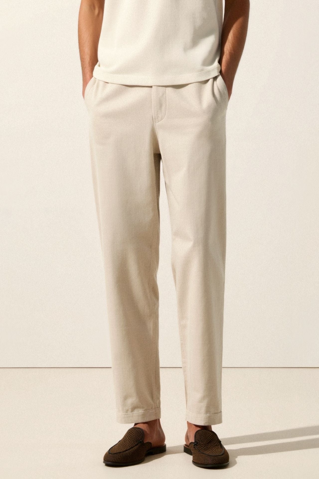 Herenbroek Elastisch Beige Comfortabel Knoopsluiting