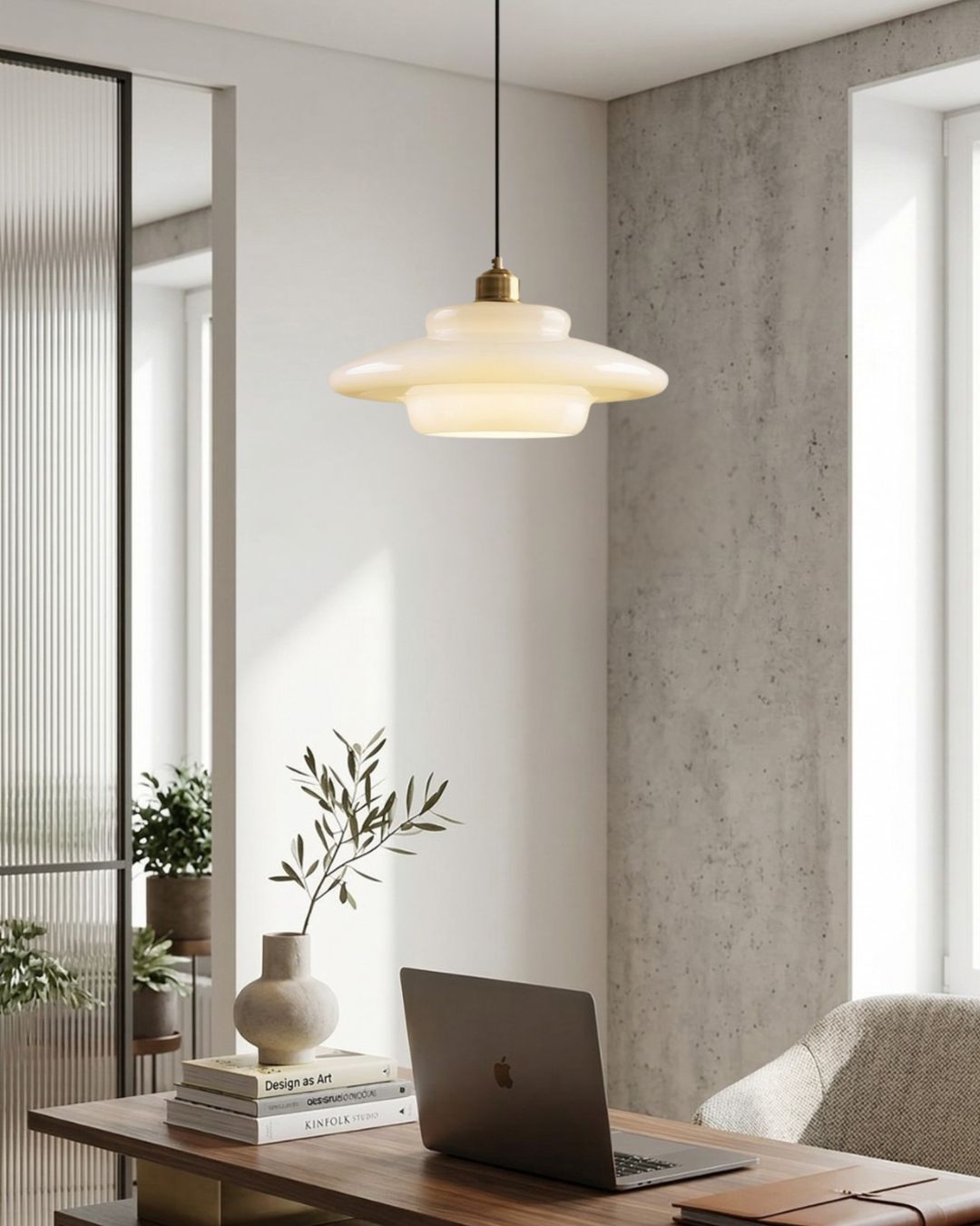 TINA Hanglamp – Mid-Century Melkwit Glas met Geborsteld Messing | Moderne Eetkamer & Keukenverlichting | Verstelbaar | E27 Fitting