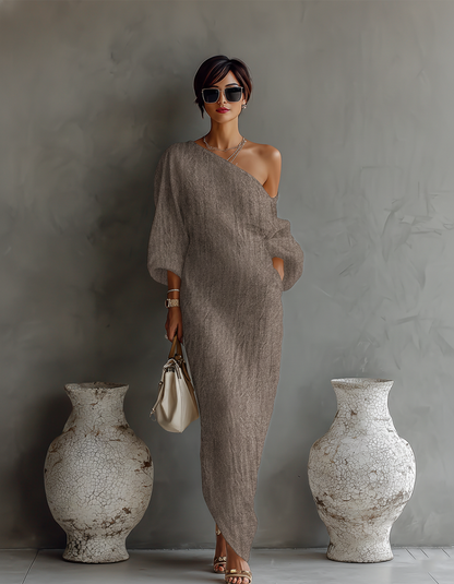Dames Linnen Jurk Off-shoulder Stijl
