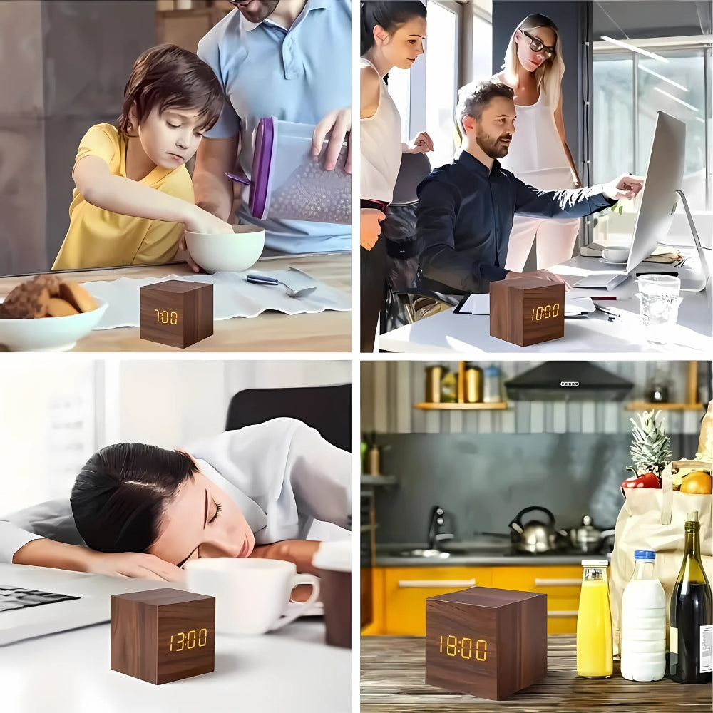 Digitale LED Wekker Kubus met Temperatuur Display Hout Finish