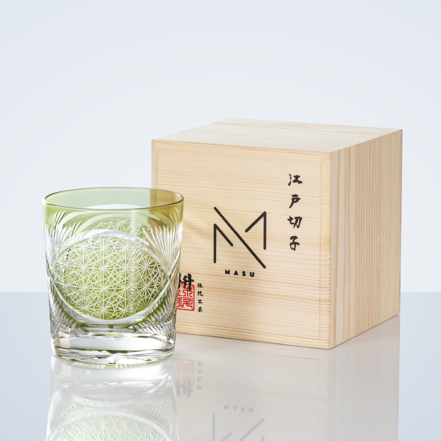 Whiskeyglas Edo Kiriko Kraanvogelveer Amber Handgemaakt Japans Kristal Houten Doos