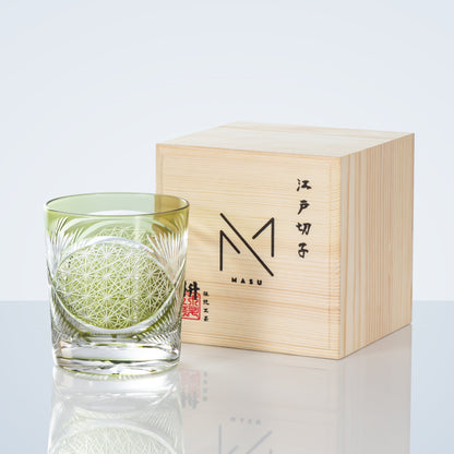 Whiskeyglas Edo Kiriko Kraanvogelveer Amber Handgemaakt Japans Kristal Houten Doos